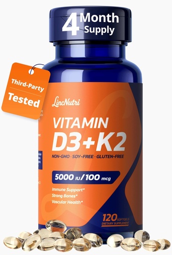 [BRSRGHTRB4AROCDB] Vitamin D3 K2 5000IU, MK-7 100mcg - Third Party Tested, 120 Softgels, Non-GMO, Keto - Easy to Swallow for Bone & Heart Health - Gluten, Soy, Dairy & Egg Free, 4-Month Supply