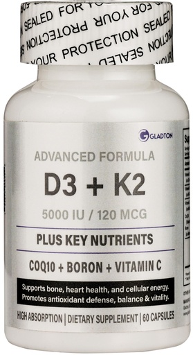[BRSRGGDROQCRYF36] Vitamin D3 K2 Advanced Complex 5000 IU (125 mcg) + MK-7 120 mcg | with CoQ10 100 mg, Boron & Vitamin C | Bone, Heart, Immune, Cellular Energy & Antioxidant Support | Non-GMO & Vegan | 60 Caps