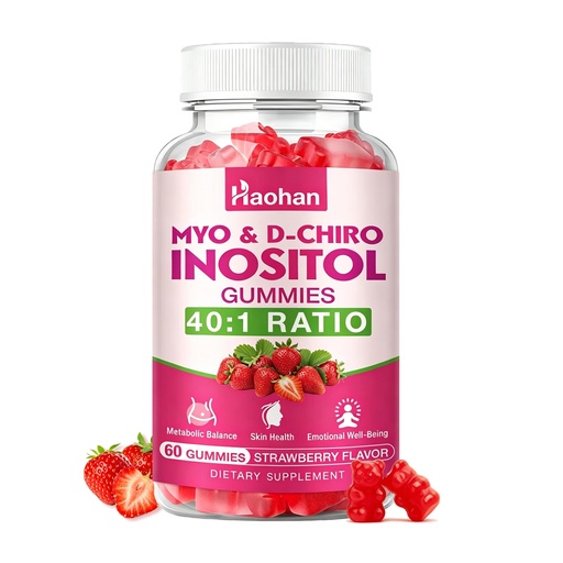 [BRSRGFD2OUNRYEL3] Haohan Myo-Inositol & D-Chiro Inositol Gummies for Female Health, with Vitamin D3, Magnesium Glycinate, Folate & Zinc, Sugar Free, Strawberry Flavor – 60 Gummies