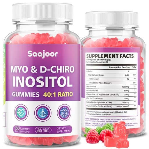 [BRSRGFD3BV6AK2TL] Myo-Inositol & D-Chiro-Inositol Gummies with Vitamin D3, Magnesium Glycinate, Folate & Zinc, Inositol Supplement for Female Health, Vegan, Raspberry Flavor, 60 Gummies