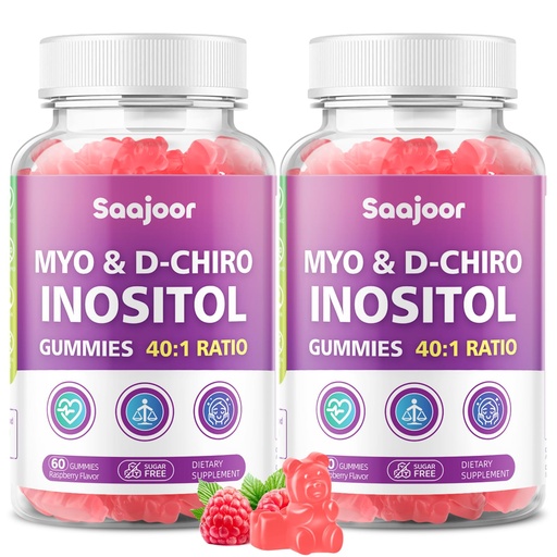 [BRSRGFD3B54GCC3D] 2 Pack Myo-Inositol & D-Chiro-Inositol Gummies with Vitamin D3, Magnesium Glycinate, Folate & Zinc, Inositol Supplement for Female Health, Vegan, Raspberry Flavor, 120 Gummies