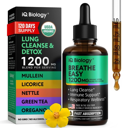 [BRSRECT3DMFWAHLA] IQ BIOLOGY Mullein Drops for Lungs - USDA Organic Mullein Leaf Extract Supplement - Made in USA - Liquid Lung Detox for Smokers, Bronchial Cleanse for Respiratory to Clear Lungs, Break Up Mucus*, 4 oz