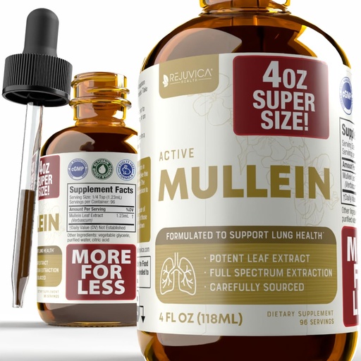[BRSRAZYZOQMWA2YY] Rejuvica Health Active Mullein 4oz XL Super Size - Advanced Mullein Liquid Extract - Lung Support Drops - Vegan Sugar Free Non GMO Tincture
