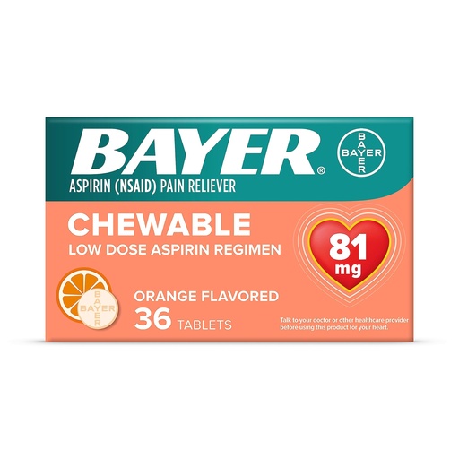 [BRSWIYTZOZ5QGF3V] Aspirin Regimen Bayer, 81mg Chewable Tablets, Pain Reliever, Orange, 36 Count