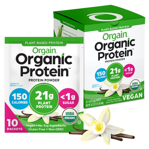 [BRSWGGIQCMHRM3Y2] Orgain Organic Vegan Protein Powder, Vanilla Bean - 21g Plant Protein, 5g Prebiotic Fiber, Low Carb, No Lactose Ingredients, No Added Sugar, Non-GMO, 10 Single Serve Individual Packets