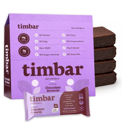[BRSRGFT7A4MGMCTK] timbar Plant-Based Protein Bars, Chocolate Brownie | 15g Plant Protein, 9g Prebiotic Fiber | Gluten, Dairy & Egg Free, Non-GMO, No Sugar Alcohols (12 Pack)
