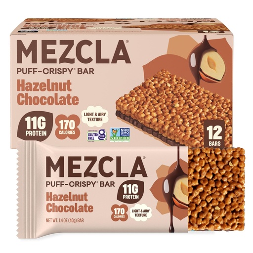[BRSRAZARPMBROE36] Mezcla Puff-Crispy Plant Based Protein Bars - Hazelnut Chocolate - Healthy Snacks for Adults & Hazelnut Spread Fans - School & Office Snacks - Gluten Free, Vegan, Non GMO, 10g Protein - 12 Count