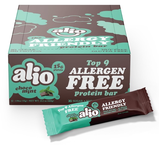 [BRSROBQHCBYGA3QV] Alio Protein Bars - Choco Mint (12 Bars) – Free From The Top 9 Food Allergens, High Protein, Low-Calorie, Vegan, Gluten-Free, Nut-Free, Non-GMO, Plant-Based, Seed Oil Free, Delicious & Healthy Snack