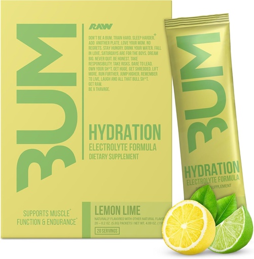 [BRSROGLYOVYGMG3G] RAW Electrolytes Powder Hydration Drink Mix Packets, Bum Hydrate (Lemon Lime, 20 Servings) - Electrolyte Hydration Packets Supports Muscle Function & Endurance - Keto Free Electrolytes Powder Packets