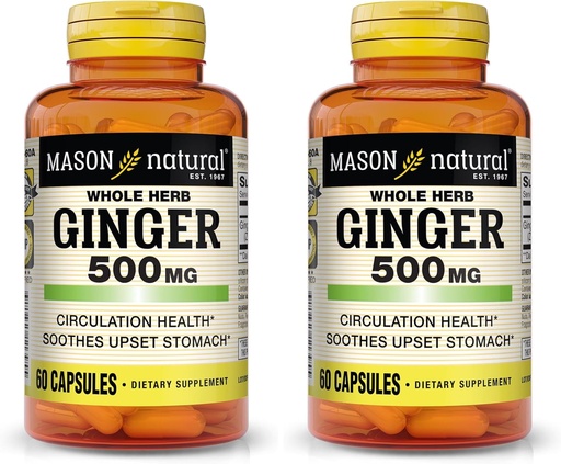 [BRSRAY3ROYBRGA3V] MASON NATURAL Whole Herb Ginger 500 mg, Natural Herbal Supplement, 60 Capsules (Pack of 2)