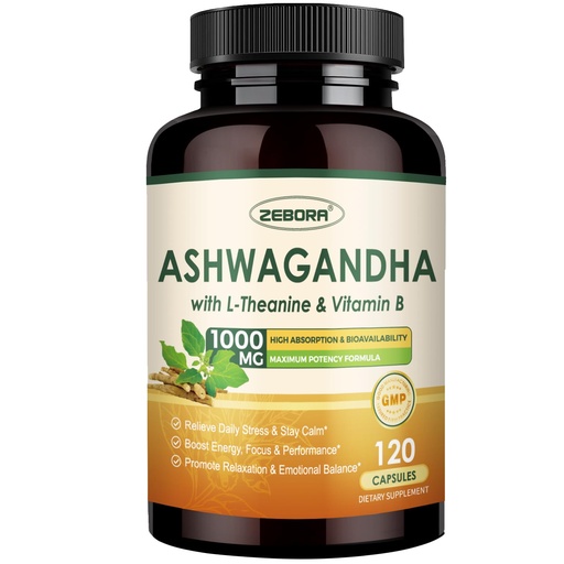 [BRSRGGT4DECRMGYY] ZEBORA Ashwagandha Supplements for Women & Men – High Absorption Ashwagandha Root Extract 1000mg with L-Theanine, Vitamin B12 & B6, 10% Withanolides, Non-GMO, 120 Capsules
