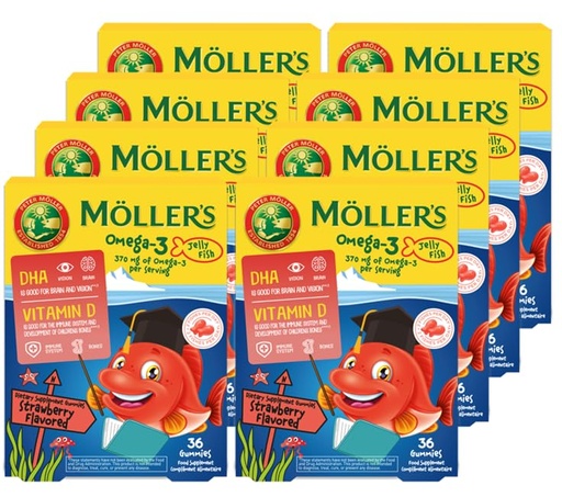 [BRSRAGI3A4CGCALO] Moller’s ® | Omega 3 Capsules for Children | Natural Fish Oil Omega 3 Fish Oil for Kids | with DHA and EPA, No Gluten, Lactose or Added Sugar & Easy to Chew | Strawberry Flavor | 8 Pack - 288 Capsules