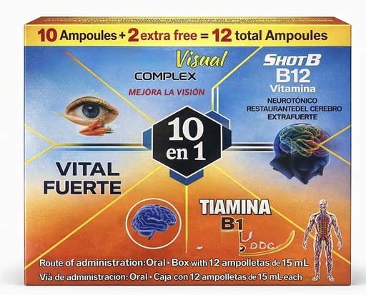 [BRSRGAYDCQCWKFD3] 10 en1 Hierro B Complex, Complejo B 1000 Shot | Multi-Vitamins,Calcium, L-Lysine | Box with 12 Ampoules of 15ml | Energy, Cognitive Function, and Metabolic Health Boost Botella