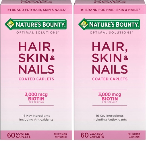 [BRSRE2YQAUBREELL] Nature's Bounty Optimal Solutions Hair, Skin & Nails Formula, with 3,000 mcg Biotin, 60 Coated Caplets, 20 Servings, (Pack of 2)