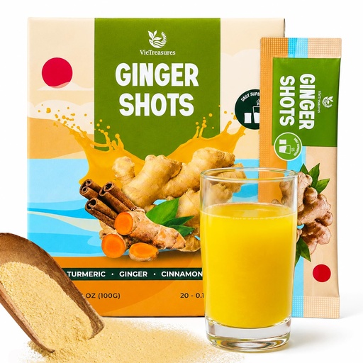[BRSRGBIKOADQI2TH] VieTreasures Ginger Shots Powder – Daily Wellness Drink Mix with Turmeric, Ginger, Cinnamon & Black Pepper | 20 Single-Serve Packets | No Added Sugar, Vegan, Gluten-Free | Travel-Friendly Immune & Digestive Support