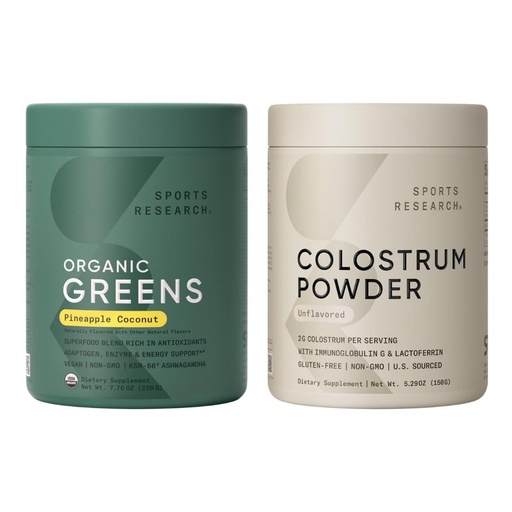 [BRSRE2QYO4PWAHY4] Sports Research® Tropical Vitality Pack - Unflavored Bovine Colostrum Powder & Organic Greens Superfood Powder w/Spirulina, Ashwagandha, Probiotics & B Vitamins