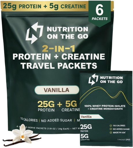 [BRSRAGAROJ5B4HLK] Nutrition On The Go Whey Protein Isolate Packets with Creatine – 25g Protein + 5g Creatine – Single-Serve Travel Protein Powder – Vanilla (6-Pack)