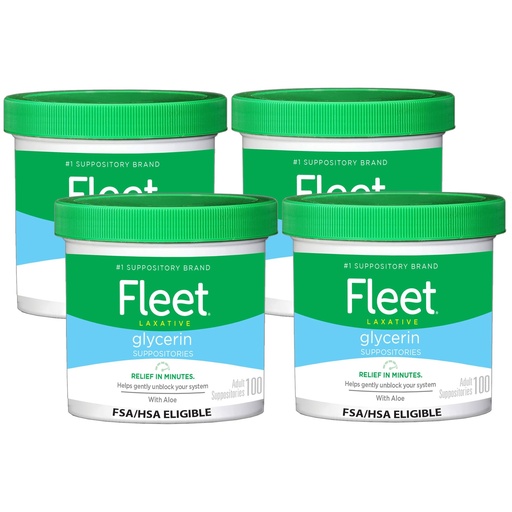 [BRSWGGQFOR4GECY2] Fleet Glycerin Suppositories for Constipation Relief, Fast and Effective Stimulant-Free Laxative with Aloe Vera, 100 Count Jar, Pack of 4