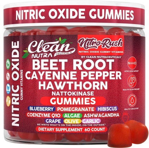 [BRSREAITOQDQA2TU] Nitro Rush Nitric Oxide Gummies Beet Root Cayenne Pepper Pomegranate Vitamin C Hawthorn Nattokinase Blueberry Hibiscus Coenzyme Q10 Algae Ashwagandha Root Grape Olive Garlic 60 Count by Clean Nutra