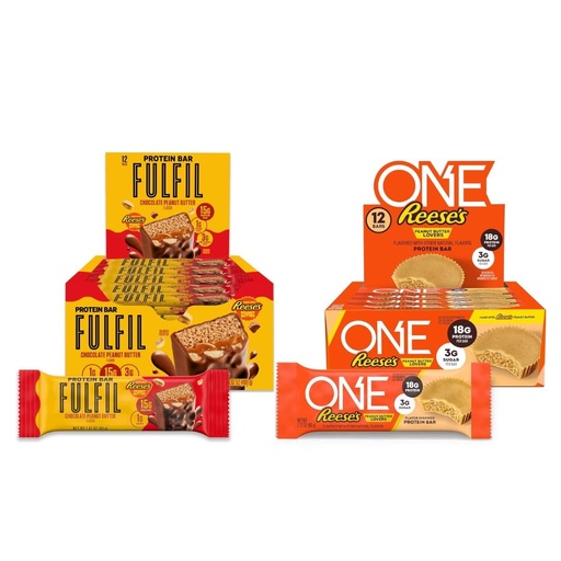[BRSRACT2CV6B43IZ] One & Fulfil Reese's Lover Bundle, One Reese's Peanut Butter Protein Bar, 18g Protein (12 Count) + FULFIL Chocolate Peanut Butter Protein Bar, 15g Protein (12 count)