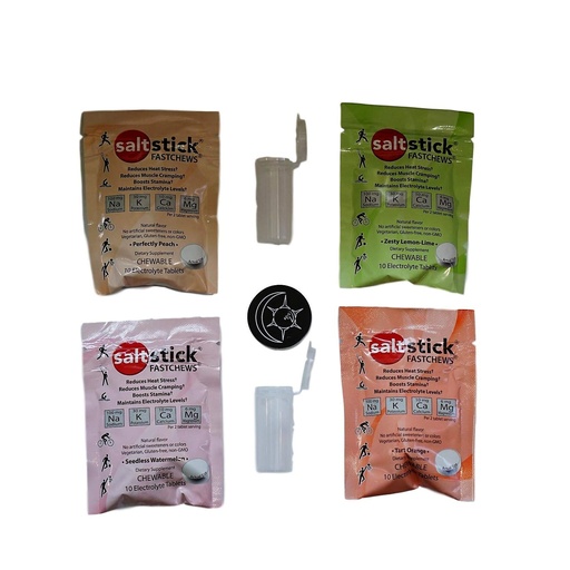 [BRSWGCQPOINWADLK] SaltStick FASTCHEWS® 4 Pk Try Them All with Two Race Ready Tubes and Magnet, Comes with Orange - Zesty Lemon-Lime - Perfectly Peach and Seedless Watermelon