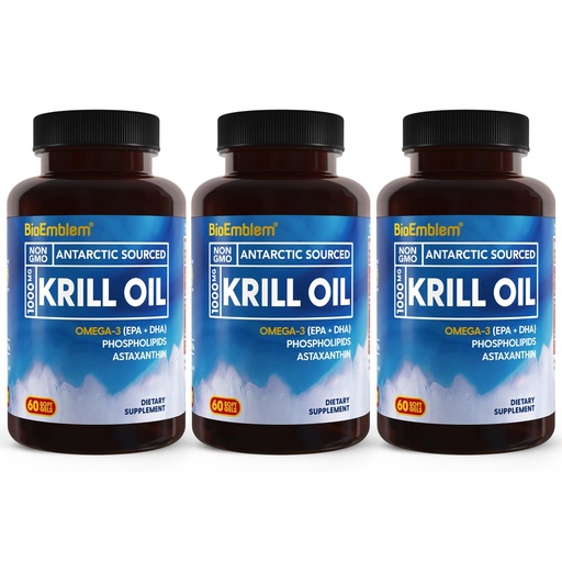 [BRSRMED4BUMQG3D4] BioEmblem 3 Pack Antarctic Krill Oil 1000mg Softgels, Omega-3s Oil with High Levels of EPA + DHA, Astaxanthin, and Phospholipids, Supports Brain Health, 180-Count Non-GMO, Gluten Free, 90 Days Supply