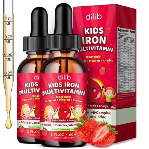 [BRSRYYYLC4BGY3LF] Liquid Iron Supplement for Kids, Kids Multivitamin with Iron Drops with Zinc, Vitamin B Complex, Folate - Support Blood Builder & Energy, Iron Deficiency for Women, Men, Vegan Strawberry 4 Fl Oz