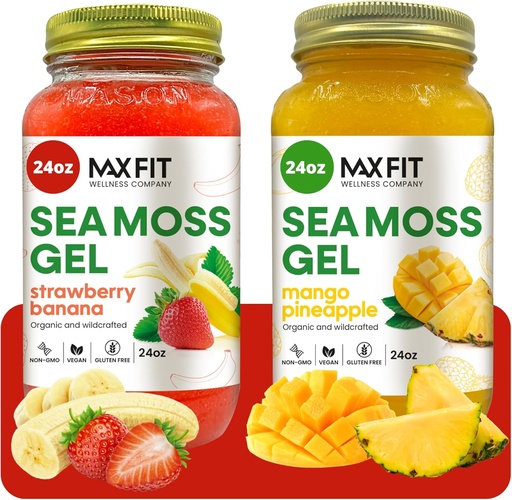 [BRSRAFQKCECWCYLD] Sea Moss Gel Organic Raw (Bundle of 2 Jars 24oz) Jordbær Banan og Mango Pineapple Wildsrafted Gold Sea Moss Gel fra Saint Lucia | 92 Vitaminer og mineraler | Pure Raw+Non-GMO | Vegansk Superfood