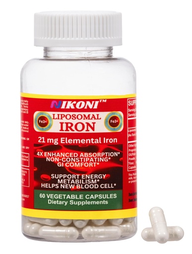 [BRSRAGINBAPAMHYV] Nikoni Liposomal Iron 21mg Gentle on Stomach, Energy Support, Promotes Red Blood Cells, 60 Capsules