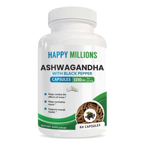 [BRSREZ35PMDWKADO] Ashwagandha with Black Pepper | 1310 mg Organic Herbal Supplement | 60 Plant-Based Capsules