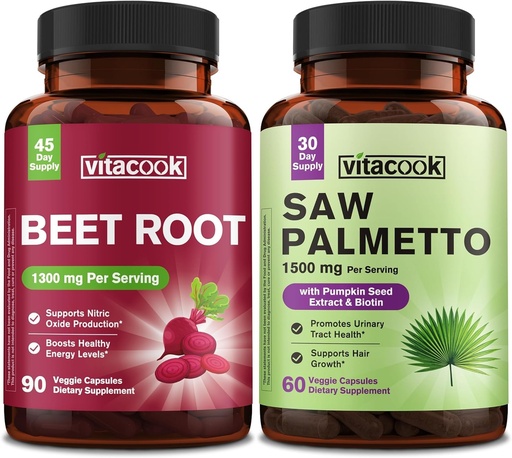 [BRSRYZAEOENQMCQZ] Bundle: Beet Root 1300mg Circulation 90 Capsules and Saw Palmetto for Men & Women 1500mg, Urinary Tract Function, Hair, Skin, and Nail Health, 60 Capsules