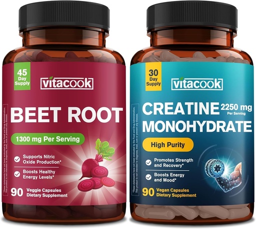 [BRSRYYITOR4B4AAV] Bundle: Beet Root Circulation and Heart Health 1300mg and Creatine Monohydrate 2250 mg Strength, Energy, Recovery, 90 Capsules