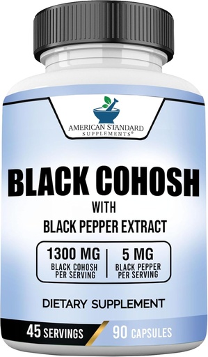 [BRSRMGD7OIPWOFDB] American Standard Supplements Black Cohosh 1300mg Per Servering med Black Pepper Fruit Extract - Vegan, Gluten Free, Non- GMO, 90 Kapsler, 45 Servere