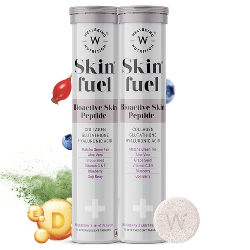 [BRSWYCQECUHQIAI2] WELLBEING NUTRITION Skin Fuel with Collagen, L-Glutathione, Hyaluronic Acid, Matcha Green Tea, Aloe Vera, Grape Seed, Vitamin C, E - 30 Effervescent Tablets