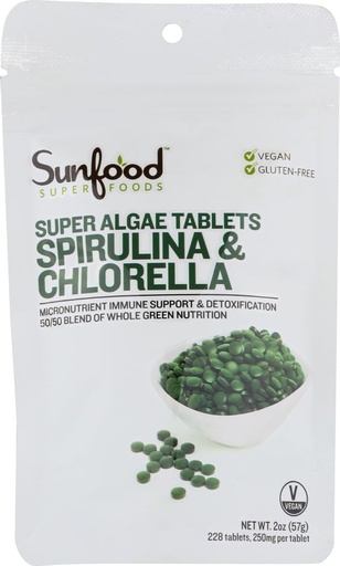 [BRSWKEAOBZ5GAYLM] Sunfood Klorella Spirulina tablete - Spirulina in Klorella prašk tablete, Green Algae dodatek bogat s klorofilom, zlomljena celična stena, Vegan - 2 oz Bag