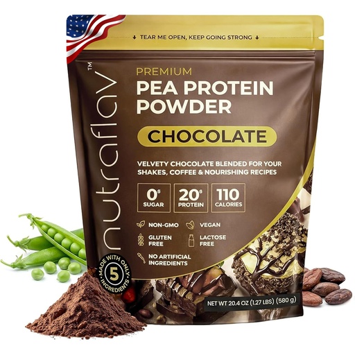 [BRSREHDRAF7BQALF] Chocolate Vegan Pea Protein Powder - Plant Based Soy Free Powder - 20g Protein Per Serving with 5 Ingredients - Iron-Rich, Easy to Digest - Zero Sugar - Great for Shakes & Smoothies - 20 Servings