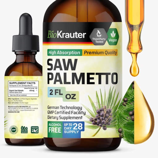[BRSROGARPMORGDLV] BIO KRAUTER® Saw Palmetto for Men & Women - Pure Vegan Liquid Drops Saw Palmetto 670 mg per Serving 2 Fl.Oz 28-Day Supply - Used for Hair & Skin Wellness and Daily Wellness - Alcohol & Sugar Free