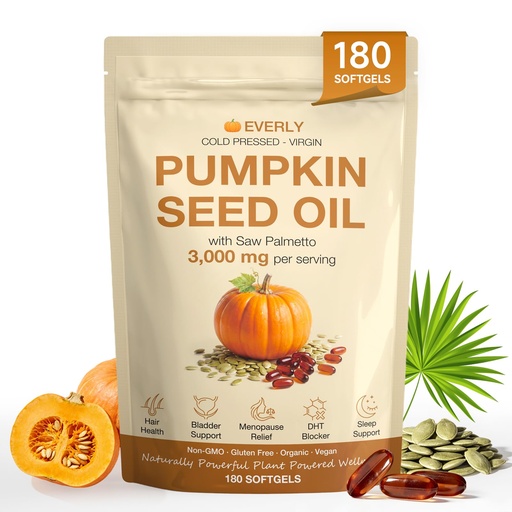 [BRSRGCYHCJ6G2C3V] Everly Pumpkin Seed Oil with Saw Palmetto - 3000mg Cold-Pressed Plant-Based Complex - Vegan DHT Blocker for Hair Growth & Prostate Support - 180 Softgels (90-Day Supply)