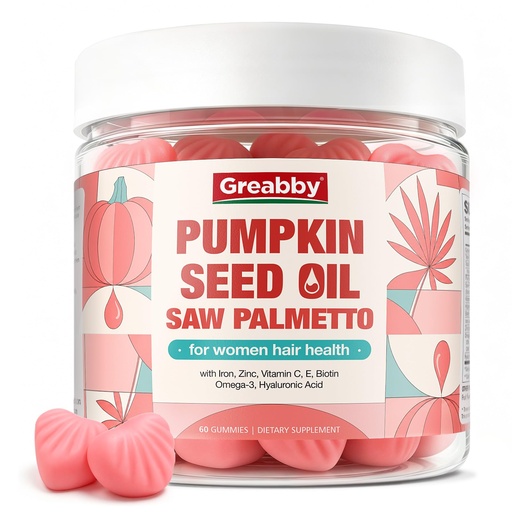 [BRSRGBI3OAIA4FL3] Pumpkin Seed Oil with Saw Palmetto for Women Gummies, Hair Growth DHT Blocker Supplement, Cold-Pressed Pumpkin Seed Oil with Iron, Zinc, Omega 3, Hyaluronic Acid, Sugar Free, 60 ct