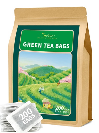 [BRSRMC36DF7BUDIV] TeeLux Green Tea Bags, Natural Pure Green Tea, Super Antioxidant, Caffeinated, Support Overall Health, 200 Count