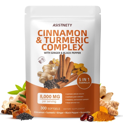 [BRSRYYAFOAIQ4CQ7] 5in1 Turmeric Curcumin Supplement with Ceylon Cinnamon 8000MG and Ginger Boswellia Black Pepper Extract, High Absorption Joint Support Supplement for Women and Men, 300 Softgels