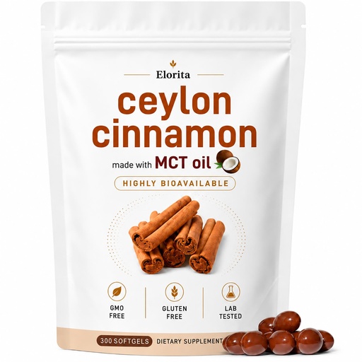 [BRSRYZAPBAHAIFLF] Elorita Ceylon Cinnamon Softgels with MCT Oil, Premium Ceylon Cinnamon Supplement, Highly Bioavailable Liquid Extract Formula, Non GMO, Gluten Free, 300 Softgels