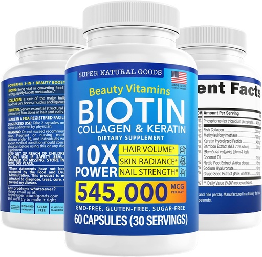 [BRSW2HQ2BZ7WODTK] Biotin and Collagen Vitamins + Keratin with Folate - Hair Loss Treatments for Women & Men - Follicle, Skin and Nails Supplements for Hair Growth & Postpartum Support - GMO Free & Gluten Free (60 Caps)
