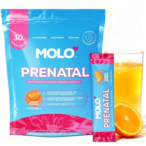 [BRSREBLYAV6WEEL5] MOLO Prenatal Vitamin Drink Mix for Women- Essential Vitamins and Antioxidants, DHA Omega 3, Methylfolate, Iron, CoQ10, L Arginine- 30 Stick Pack Sweet Orange Flavor- Vegetarian, Gluten Free, Non GMO