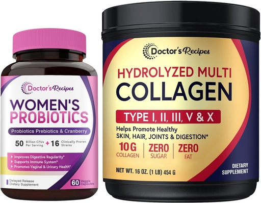 [BRSRAEDYCR6R6236] Doktorns recept Kvinnors Probiotika & Multi Collagen Powder Bundle, Value Pack för vaginal, hud, hår, nagelhälsa, ingen gluten, Pro (60 kapslar) & Collagen (45 portioner)