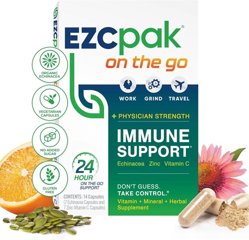 [BRSWGZD6BYHB4CL4] EZC Pak On The Go Commune System Booster with Echinacea, Vitamin C, Cinc, Имунна поддръжка Допълнение, Имунитет Витамини за възрастни, Travel-Friendly Опаковка, Вегетарианец, Gluten-Free