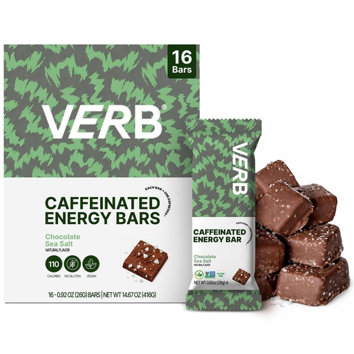 [BRSROGTYA4FRSH3B] Verb Caffeinated Energy Bars Chocolate Sea Salt (26g, Pack of 16) 110-Calorie Delicious Low Sugar Energy Bar - Vegan Gluten Free On-the Go Snack with 80mg Green Tea Caffeine Only Real-Food Ingredients