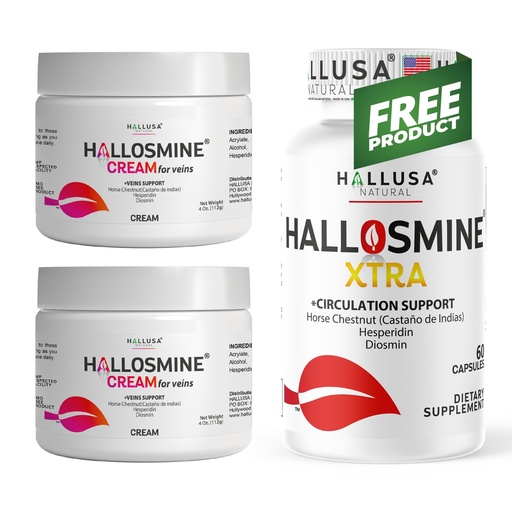[BRSREAQNBACBUDL6] Hallusa Natural 2-Pack Hallosmine Cream for veins support 4 oz + Free Hallosmine Xtra Diosmin 450 mg, Horse chesnut 250 mg & Hesperidin 150 mg | Varicose Veins Cream for Legs
