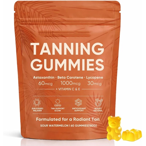 [BRSRYZYKOJ5WEGTZ] Natural Tanning Gummies - Vitamin C & E, Astaxanthin & Beta Carotene for Radiant Glow & Hydration, Non-GMO Vegan Sugar-Free, 60 Count