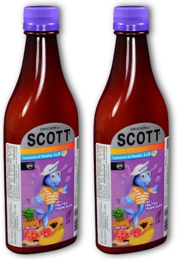 [BRSREAI5A5YBEG3P] YAHVE - Emulsion de Scott - Sabor Frutas Tropicales (tropical fruit) (360 ml - 12.17 Fl Oz) - Aceite de hígado de bacalao - con vitamina A y Calcio, suplemento dietético para niños. (Pack of 2)